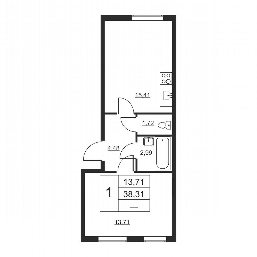 1-к. квартира, 38,3 м², 2/19 эт.
