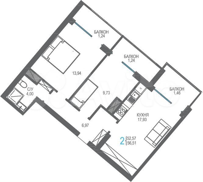 2-к. квартира, 56,5 м², 5/16 эт.