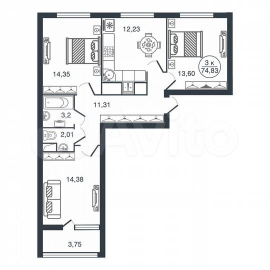 3-к. квартира, 74,8 м², 4/17 эт.