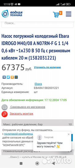 Насос погружной колодезный Ebara idrogo