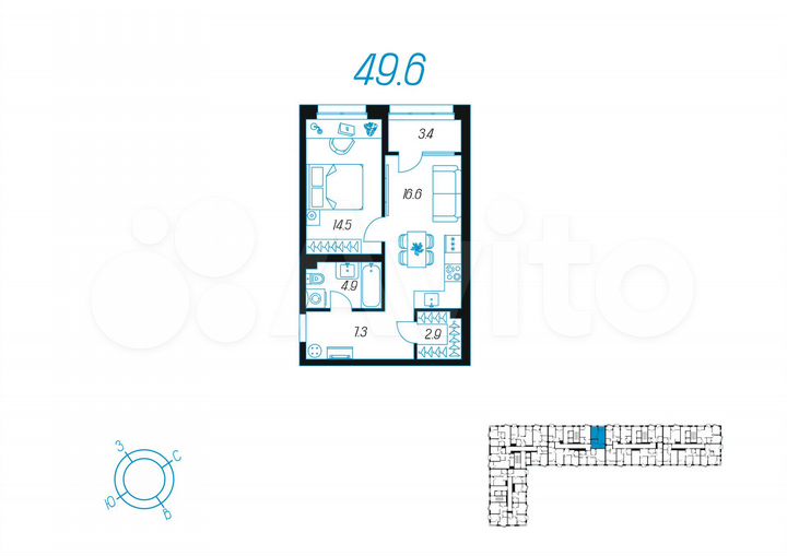 1-к. квартира, 49,6 м², 8/24 эт.