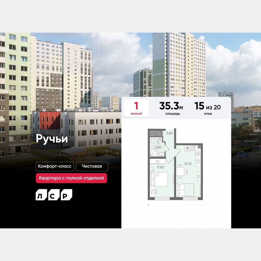 1-к. квартира, 35,3 м², 15/20 эт.