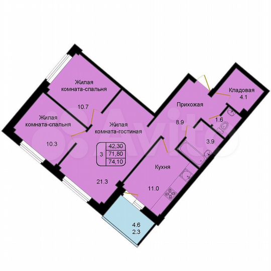 3-к. квартира, 74,1 м², 1/9 эт.