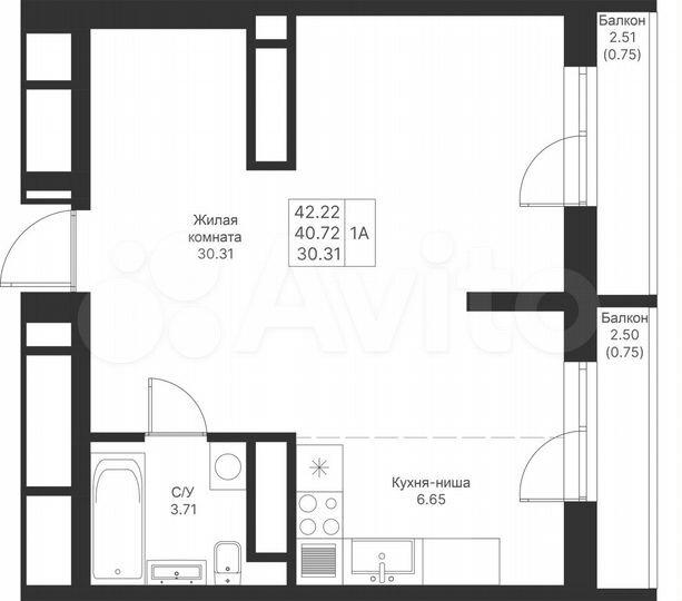 Квартира-студия, 42,2 м², 20/25 эт.