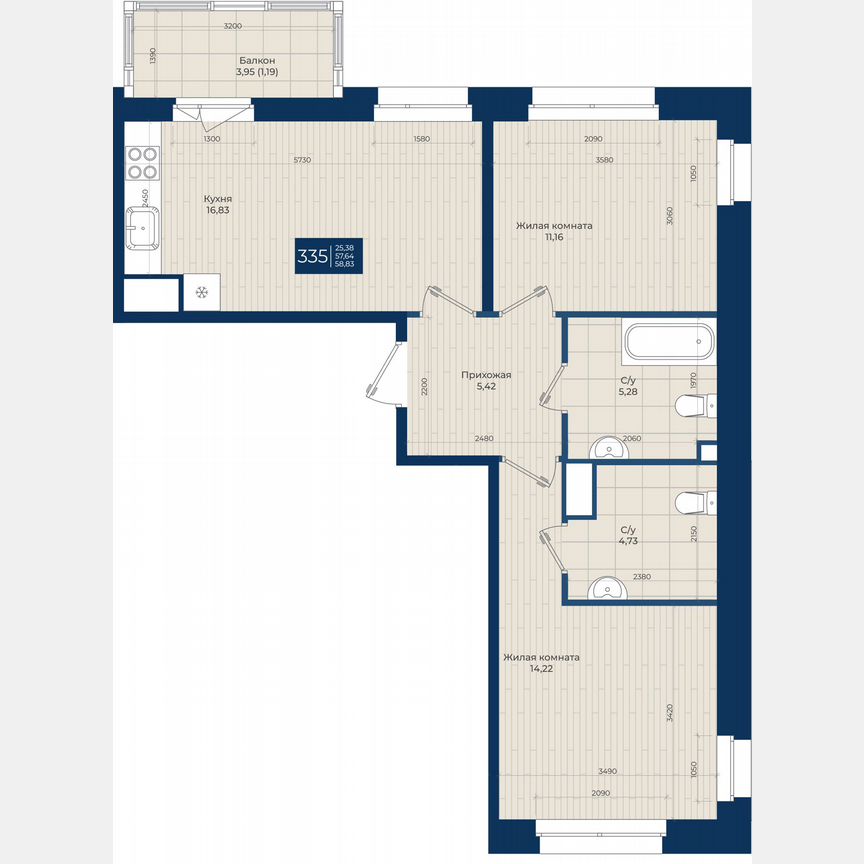 2-к. квартира, 58,8 м², 10/12 эт.