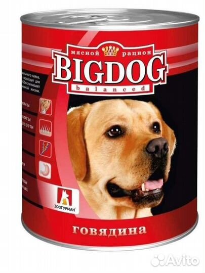 Мясные консервы для собак Биг Дог говядина 850гр