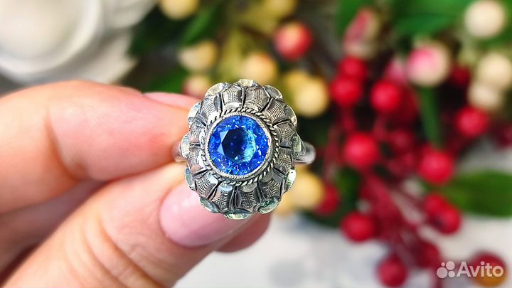 Винтаж кольцо сапфировый кварц, Китай 70 гг, 925