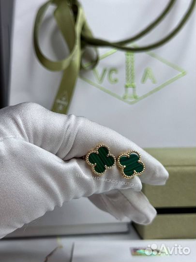 Серьги Van Cleef Alhambra малахит, желтое золото