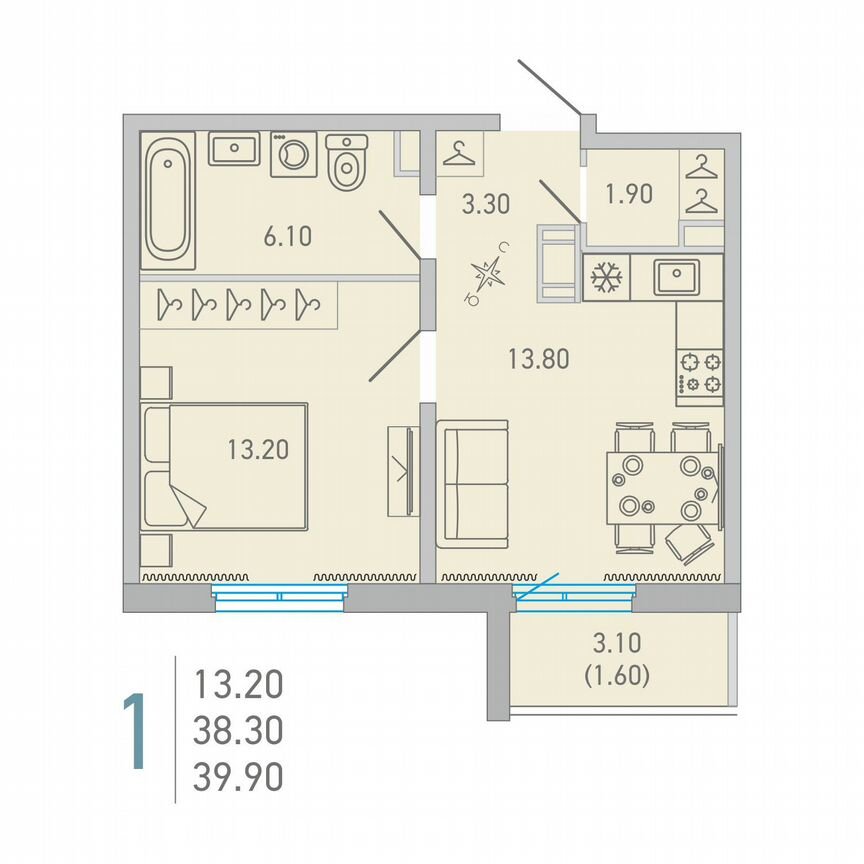 1-к. квартира, 39,9 м², 3/17 эт.