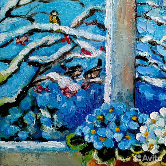 Картина Фиалки на окне масло, холст 20х20 см