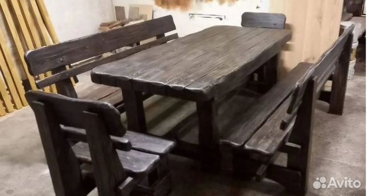 Стол, скамейка и стулья из массива сосны «Витязь»