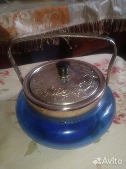 Сахарница старинная Синее стекло и Мельхиор