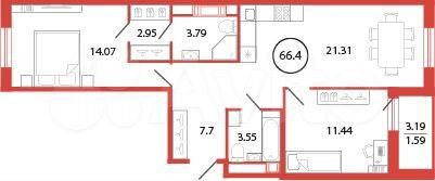 2-к. квартира, 66,4 м², 12/12 эт.
