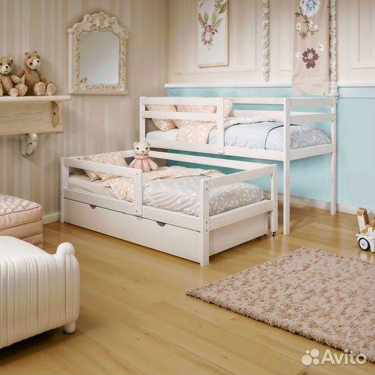 Кровать для 2-х детей из березы Белая