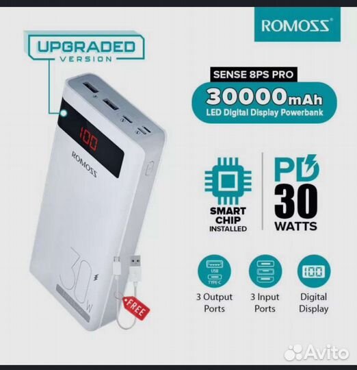 Romoss Power Bank Sence 8ps pro-pd30W; 30.000mAh