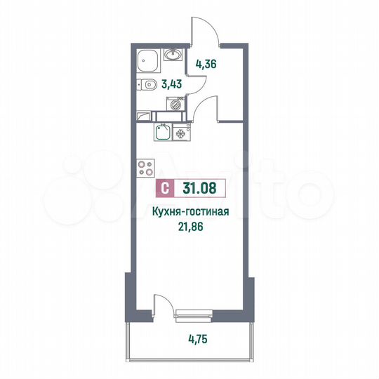Квартира-студия, 31,1 м², 12/16 эт.