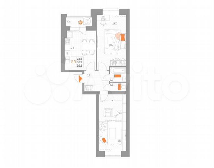 2-к. квартира, 66,3 м², 2/5 эт.