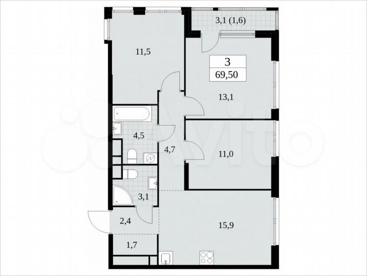 3-к. квартира, 69,5 м², 25/30 эт.
