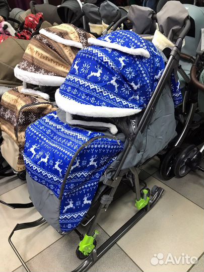 Санки-коляска Скандинавия 5-1 синий с оленями