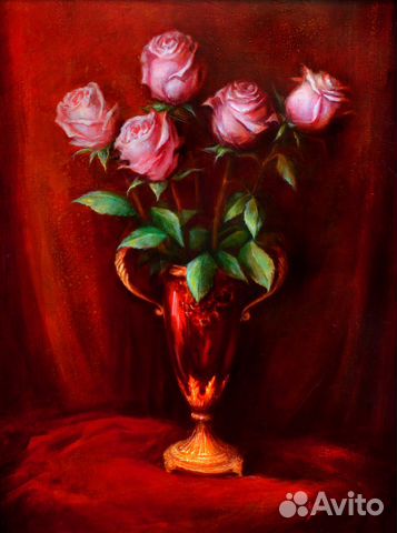 Картина "Красные розы в красивой вазе"