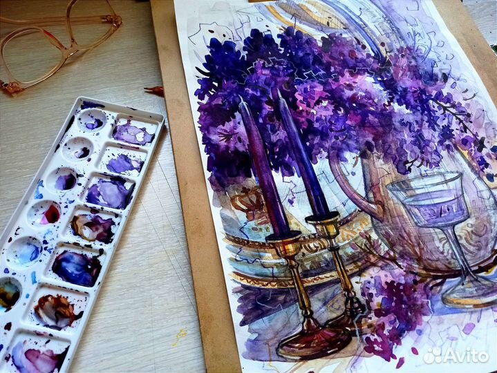 Картина, акварель, цветочная композиция, Сирень