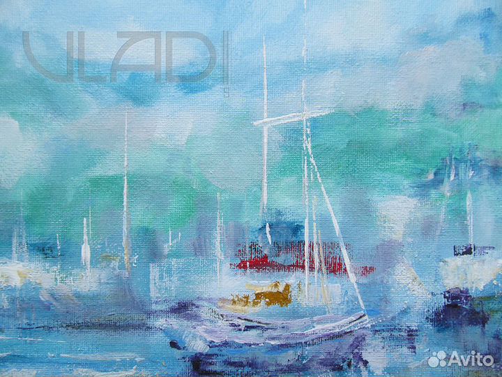 Картина маслом море лодки яхты причал берег лето