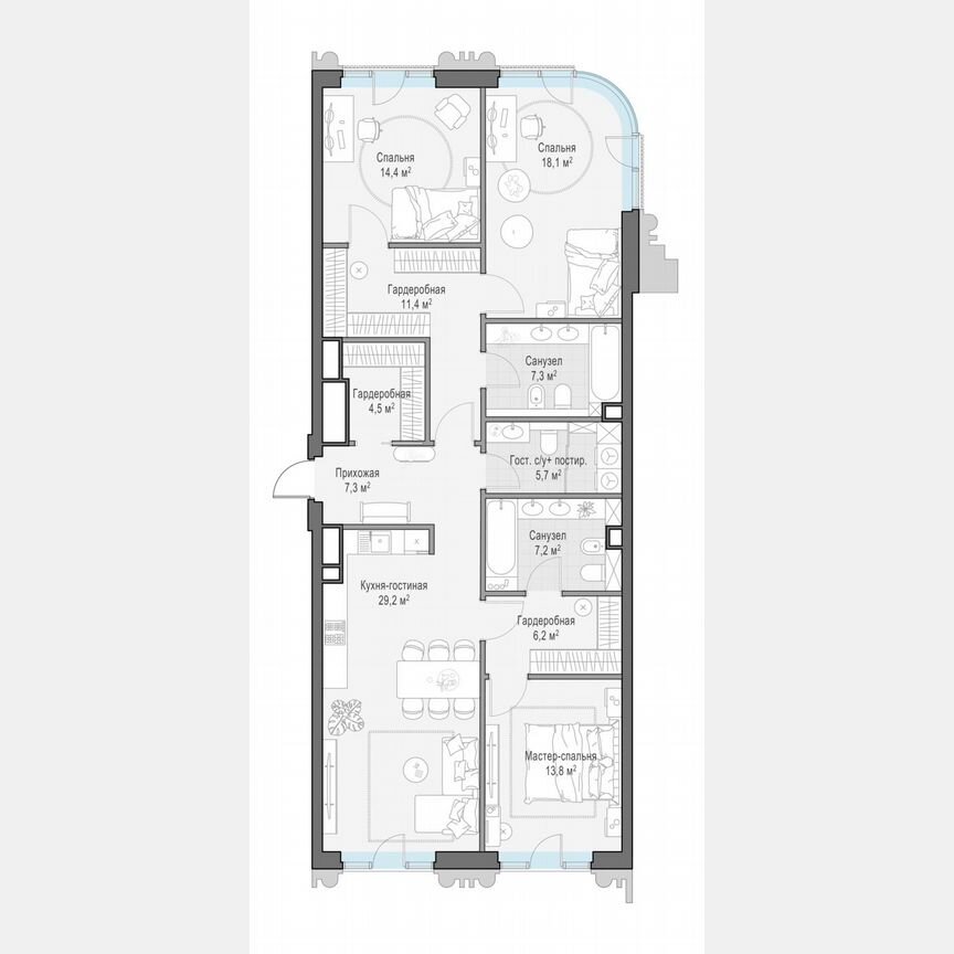 3-к. квартира, 124,2 м², 8/14 эт.