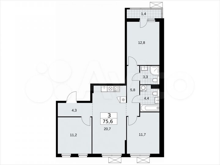 3-к. квартира, 75,6 м², 6/17 эт.