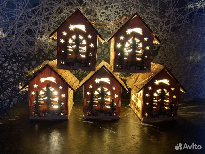 Деревянные светильники домики на елку игрушки