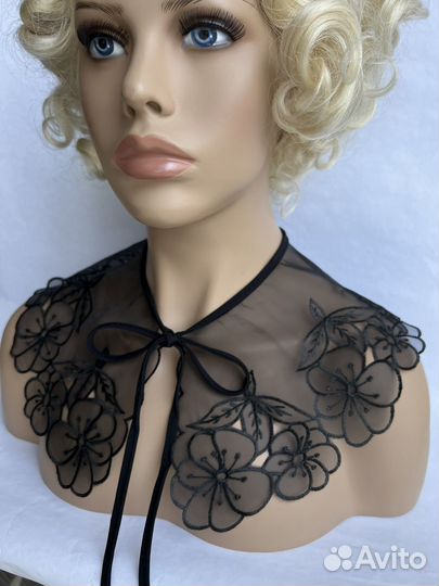 Съемный воротничок черный органза вышивка