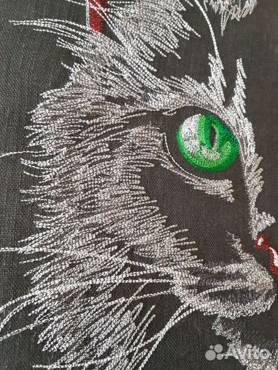Вышивка лён Черный кот