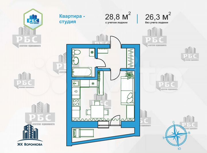 Квартира-студия, 28,8 м², 12/16 эт.