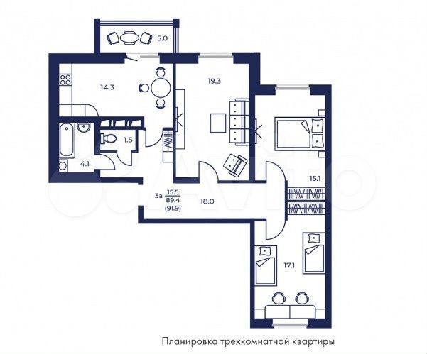 3-к. квартира, 91,9 м², 3/16 эт.