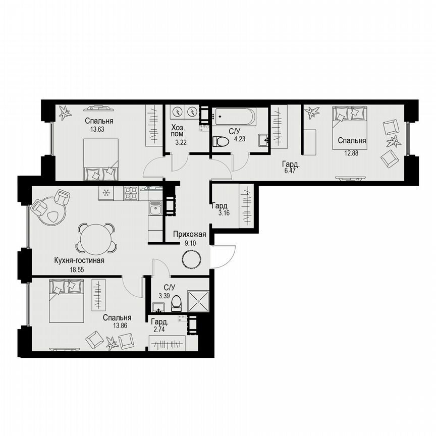 3-к. квартира, 91,2 м², 6/6 эт.
