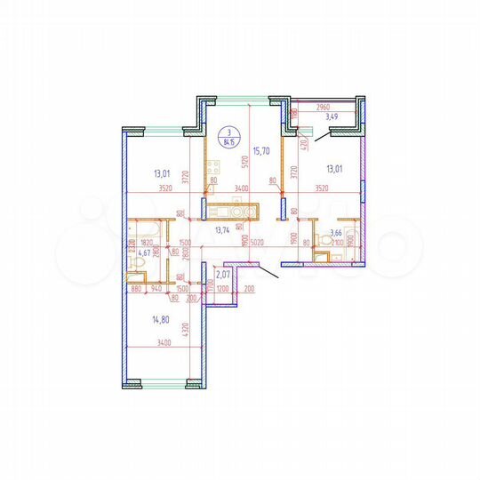 3-к. квартира, 84,2 м², 12/17 эт.