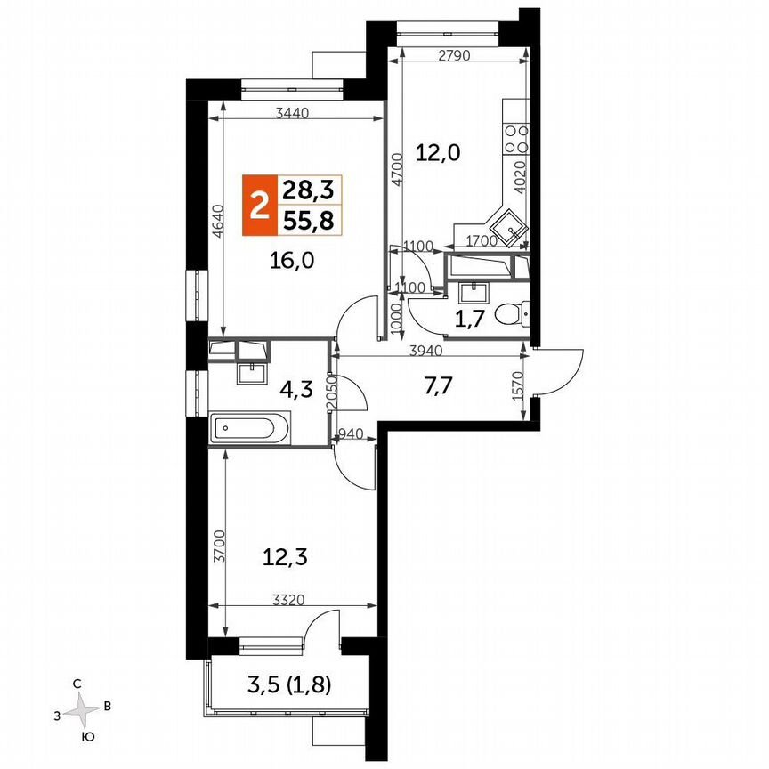 2-к. квартира, 55,8 м², 10/10 эт.
