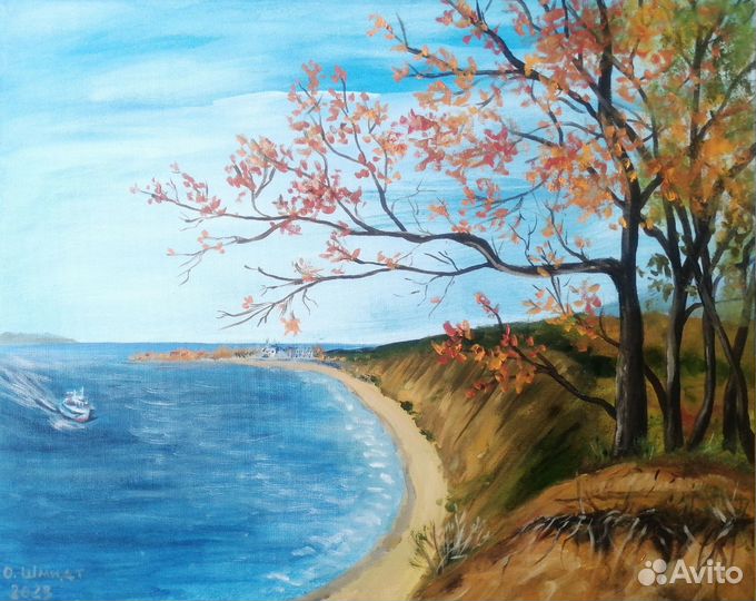 Осенний пляж. Картина маслом на холсте 40х50