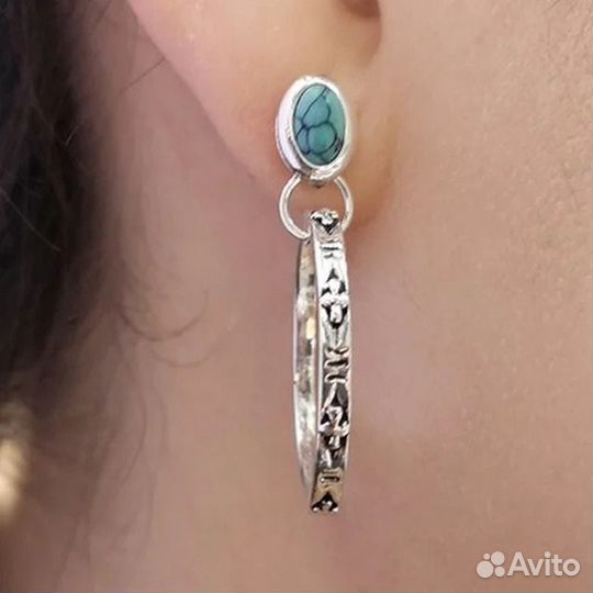 Серьги-кольца с имитацией бирюзы