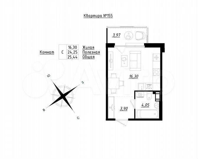 Квартира-студия, 25,4 м², 3/5 эт.