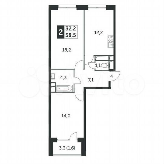 2-к. квартира, 58,4 м², 7/12 эт.