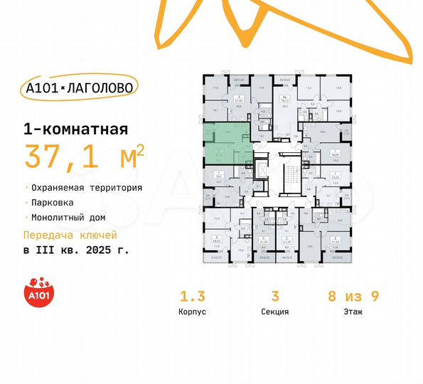 1-к. квартира, 37,1 м², 8/9 эт.