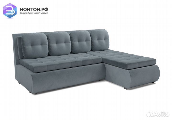 Угловой диван дельфин Кормак велюр серо-синий