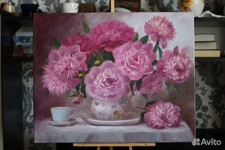 Картина маслом Цветы Пионы 40х50см