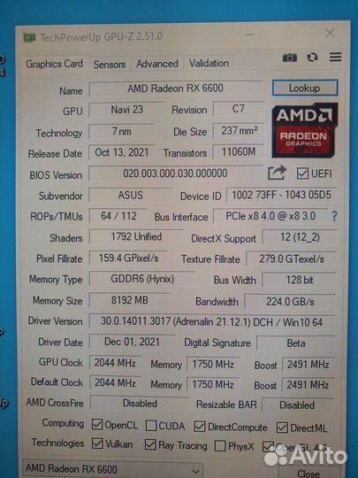 Видеокарта 8Gb Asus Radeon RX6600