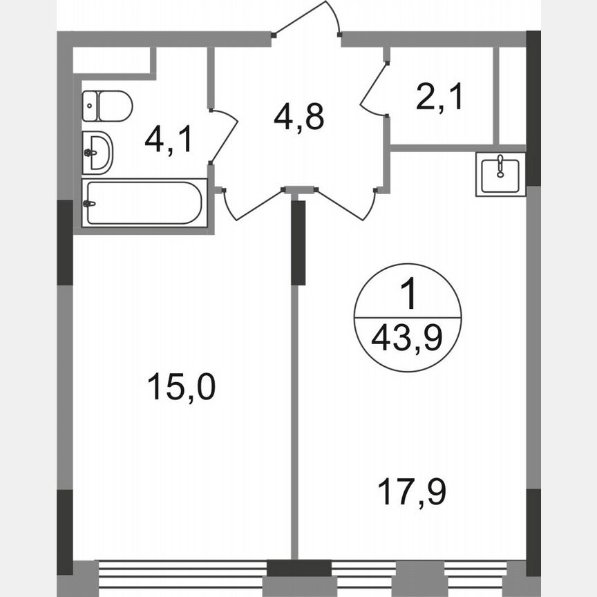 1-к. квартира, 43,9 м², 2/17 эт.