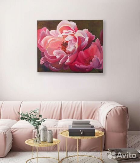 Картина маслом с цветами пионы 40х50см интерьерная