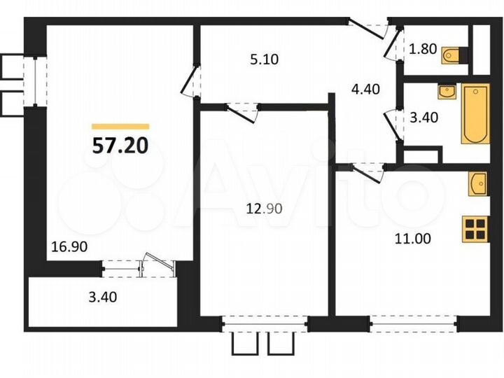 2-к. квартира, 57,2 м², 16/20 эт.