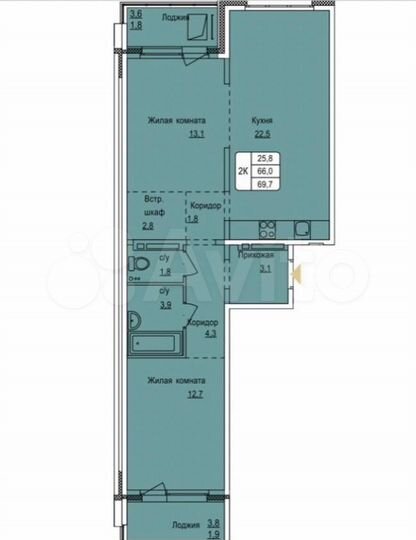 2-к. квартира, 69,9 м², 6/17 эт.
