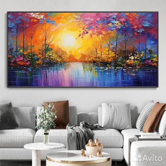 Текстурная картина маслом закат над лесом