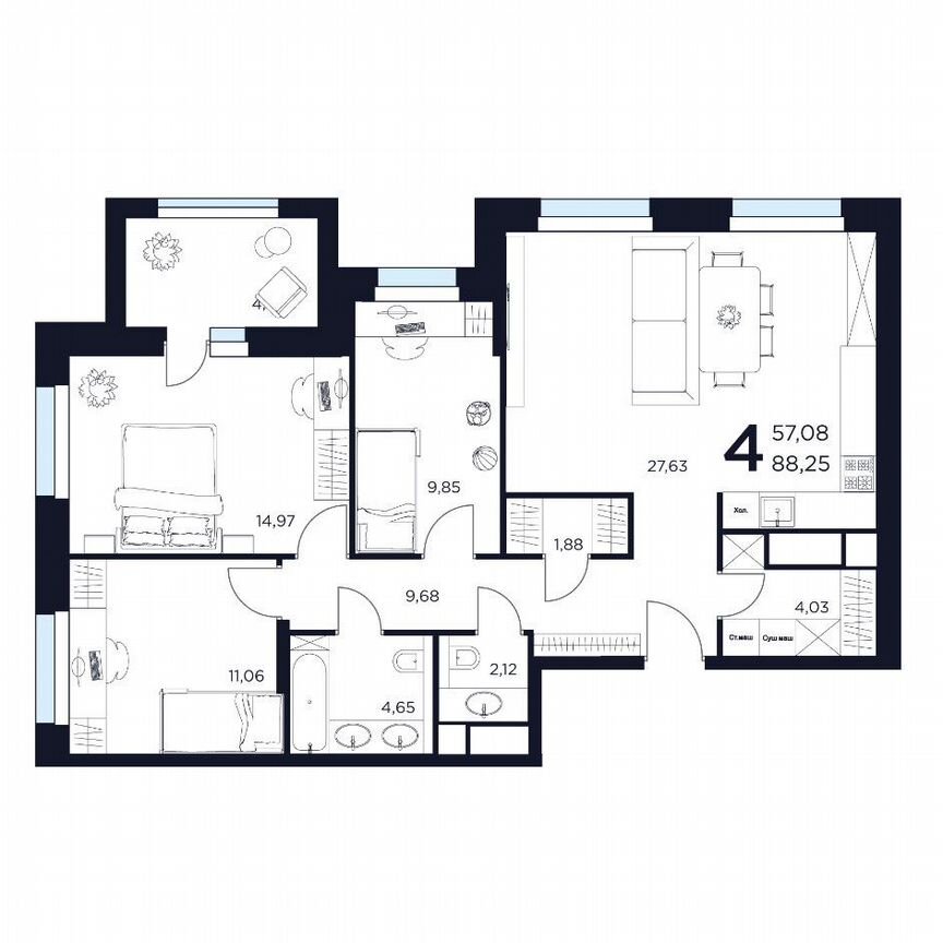 4-к. квартира, 88,3 м², 3/12 эт.